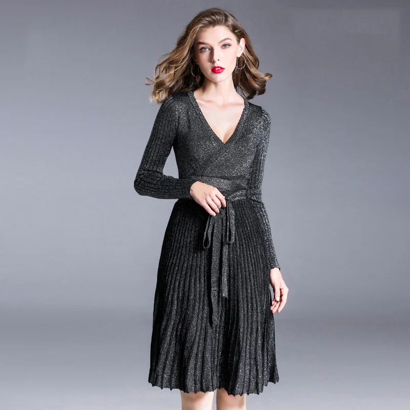 

High Qualty Knitted Winter Dress V-neck Long Sleeve Belted Slim Pleated A-line Midi Dress Christmas Dress Vestidos Robe