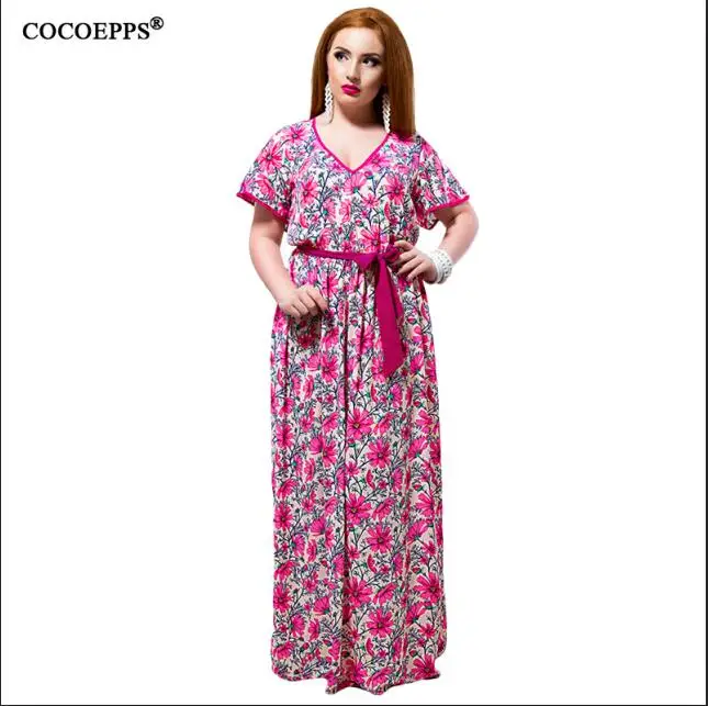 6XL повседневное летнее шифоновое платье женская одежда размера плюс платье макси с цветочным принтом с коротким рукавом Элегантные новые платья большого размера - Цвет: ROSE RED