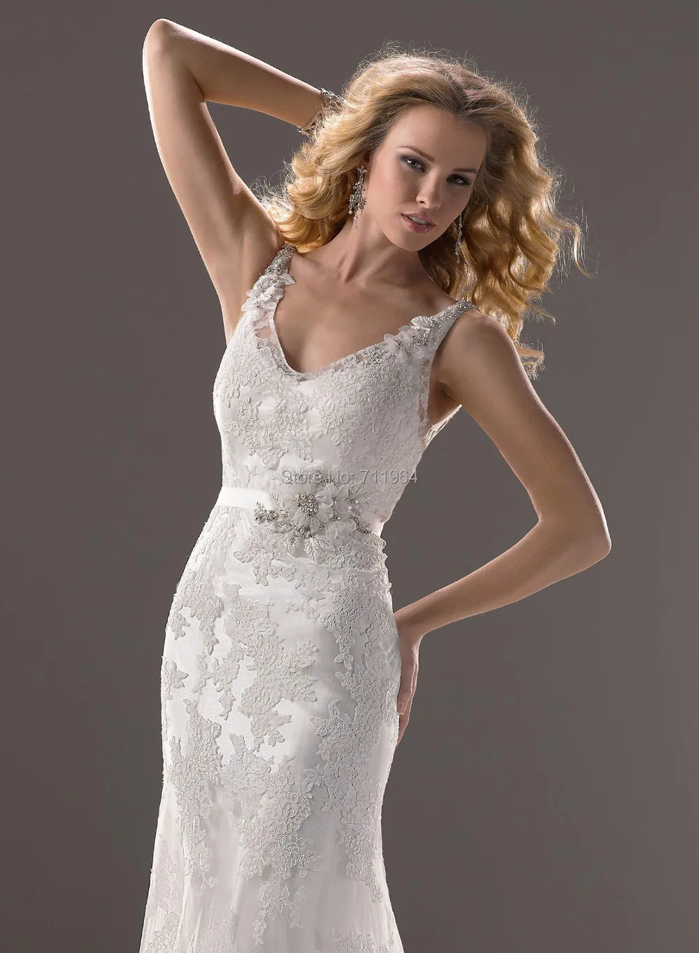 Top Best Quality White V-neck High Alencon Spaghetti Strap Sweep Train Open Back Lace Wedding Dresses 2014 Bridal | Свадьбы и