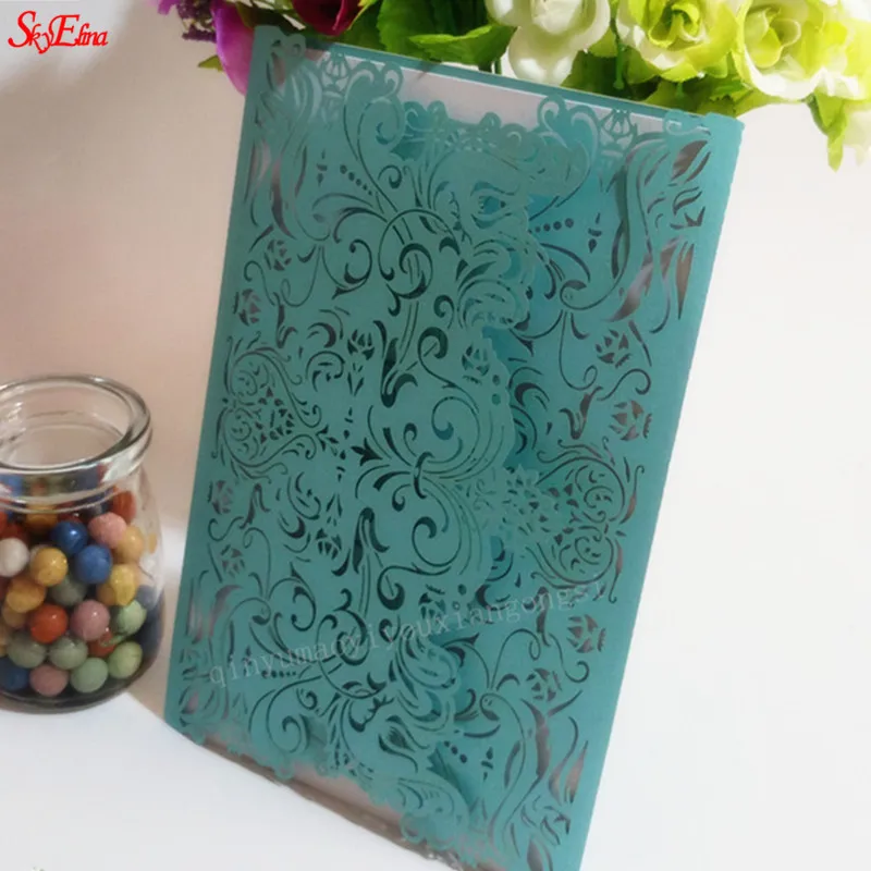 sky blue 1/10/30 шт. роскошной флорой и лазерная резка, для свадьбы Приглашения карты элегантные свадебные конверты события вечерние Тип печати кружева предложить 6Z - Цвет: sky blue