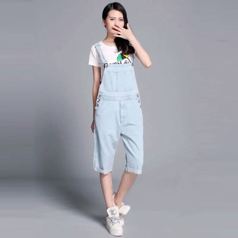 

2019 New Modis Light blue and white Spring Denim Strap Shorts Women's Loose Casual Suspenders Retro straight one-piece five pant