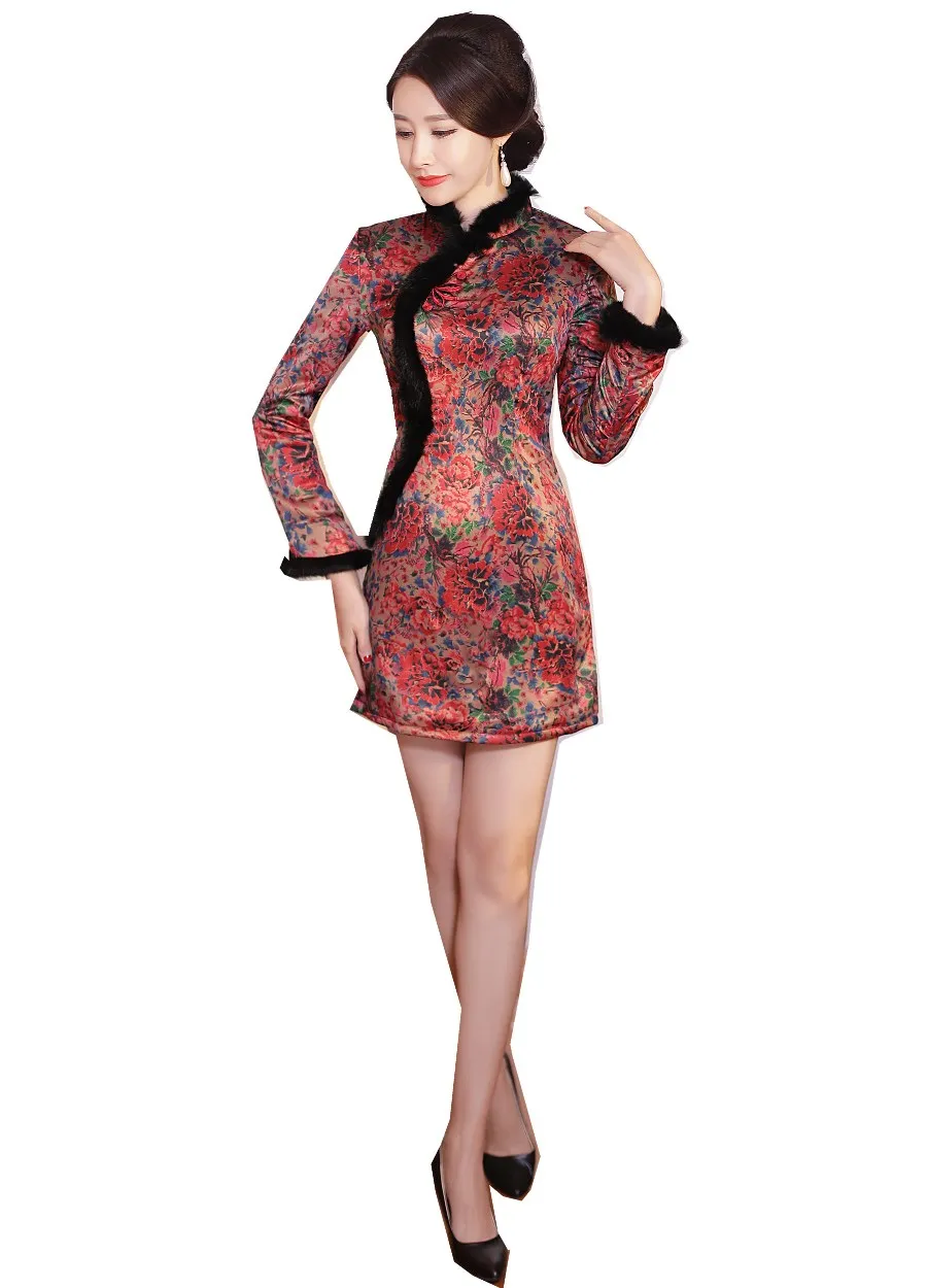 Шанхай история искусственного меха смесь шерстяное Qipao осень зима китайское платье Чонсам с длинным рукавом платье длиной до колена восточное платье - Цвет: Y0042