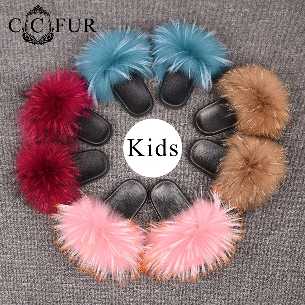 

Kids Fur Slippers Real Raccoon Fur Slides Children Shoes Big Fluffy Fur Mom & Kids Style S6024
