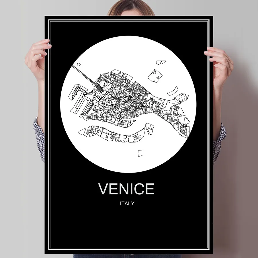 Венеция Италия черно белая карта города печатный плакат печать на бумаге или