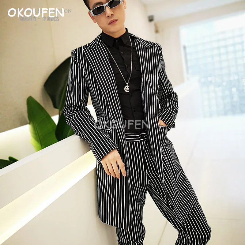 

Fashion Black and white pinstripe long cotton suit British Korean version slim suit nightclub tide male hair stylist small suit