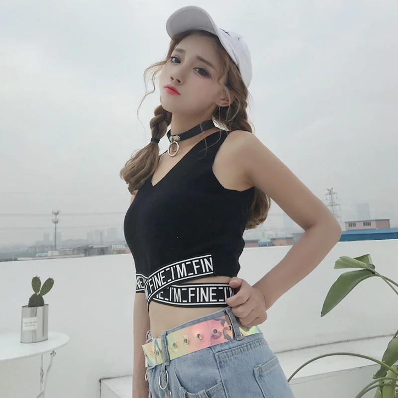 Summer new womens short tops sleeveless letters print t shirts korean style v neck sexy crop ladies casual female | Женская одежда