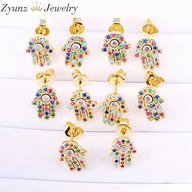 10 пар 9*11 мм серьги гвоздики Lucky Eye Hamsa для женщин с радужным кубическим