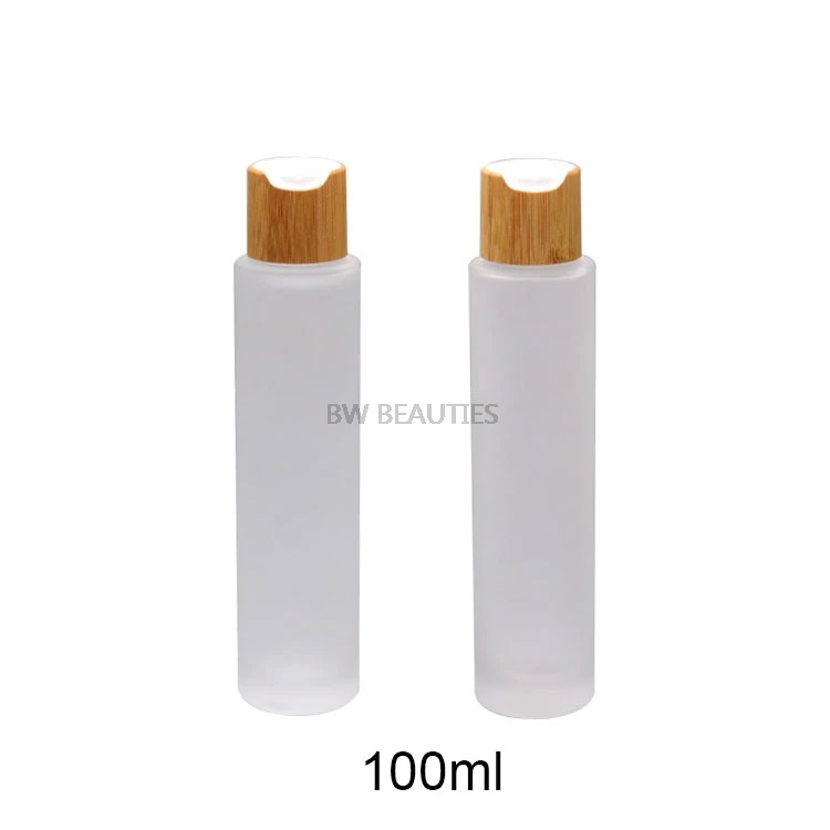 

50 шт./лот 100 мл пустая косметическая бутылка высокого качества, матовая стеклянная эмульсионная многоразовая упаковка, бамбуковый контейнер и винтовая крышка