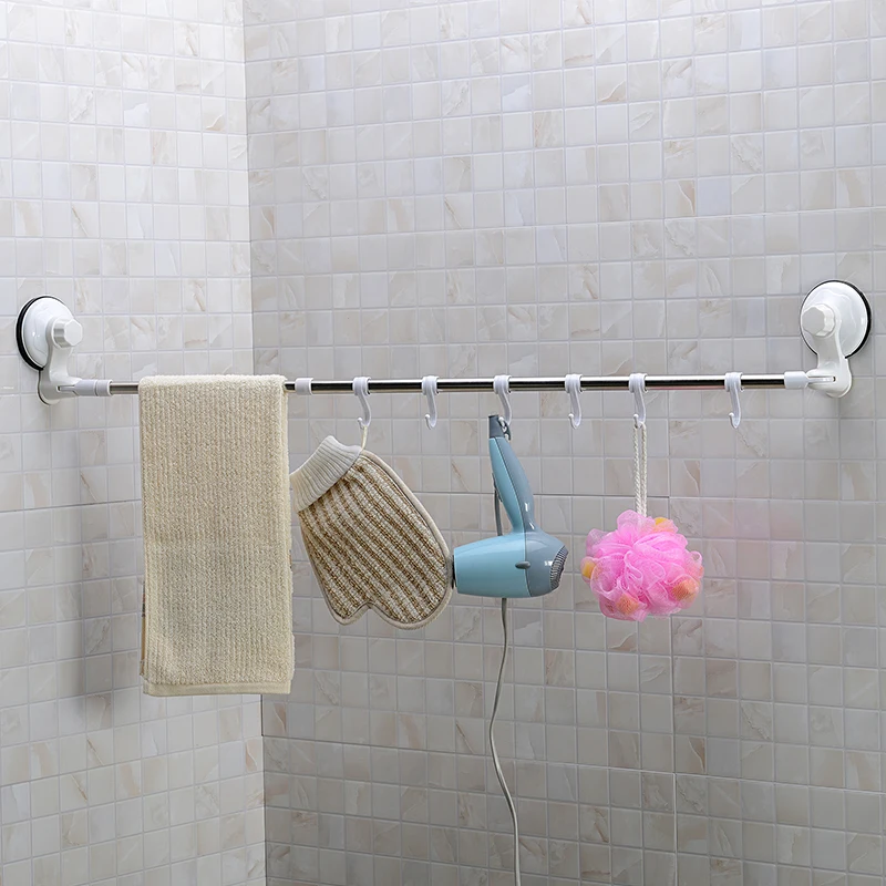 

65-110CM Adjustable Towel Bar Suction Cup Corner Removable Extension Towel Bar With 6 Hooks Multi-Function Towel Rack Kithchen