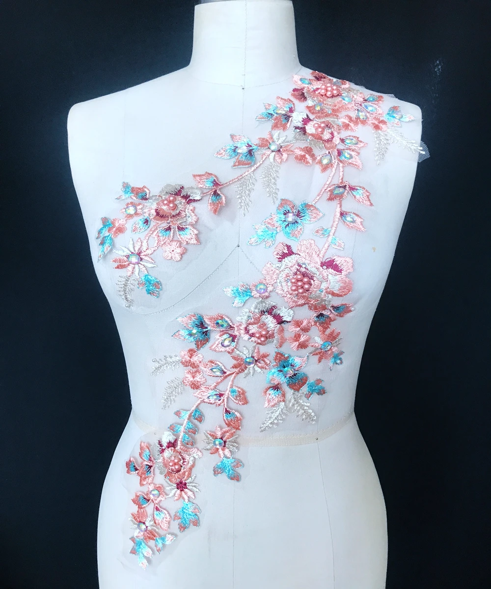 

handsewing beads rhinestones multicolor lace applique trim patches 56*28cm for skirt dress accessory