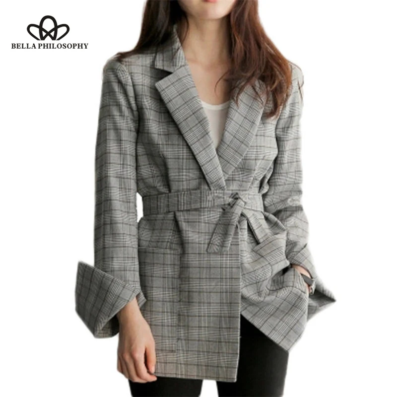 

New Spring Autumn Women Gray Plaid Office Lady Blazer Fashion Bow Sashes Split Sleeve Jackets Elegant Work Blazers Feminino