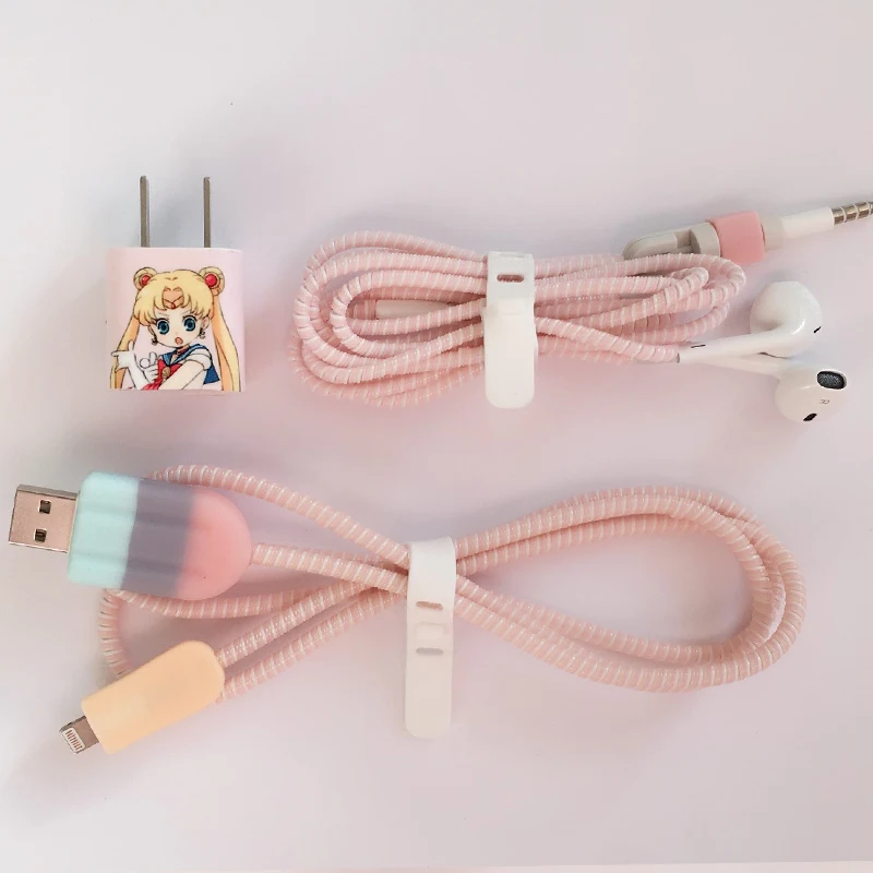 Кабель намотки мультфильм USB протектор для кабеля передачи данных набор с наклейки для зарядного устройства Спиральный шнур протектор для iphone