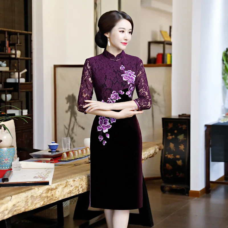 Cheongsam Винтаж китайский Стиль велюр кружевном платье женщина Qipao тонкий Платья для