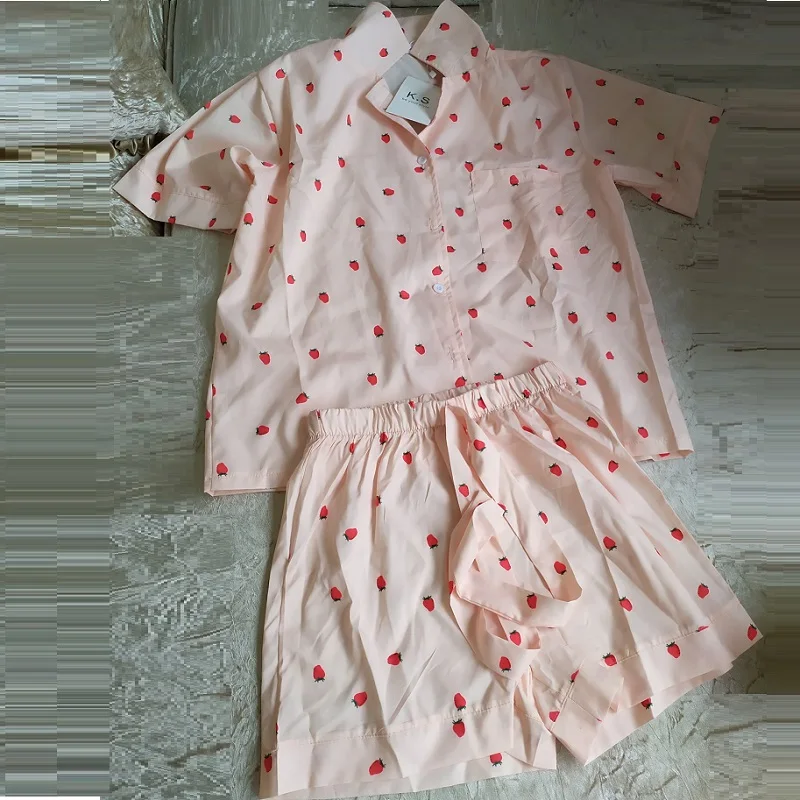 Женский пижамный комплект с принтом клубничный розовый милая блузка отложным