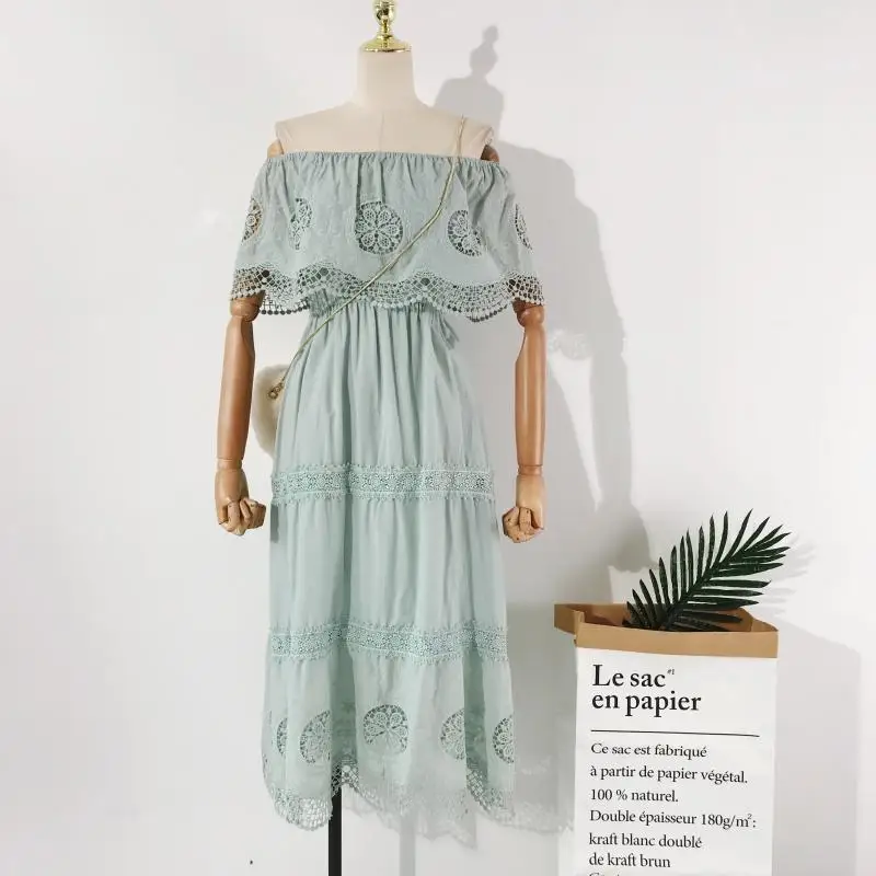 2019 Boho кружева со складками с открытыми плечами женское платье крючком Высокая