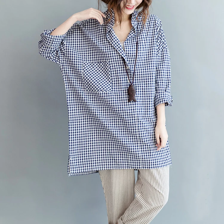Новинка осени 2017 Женская длинная рубашка винтажная Классическая клетчатая