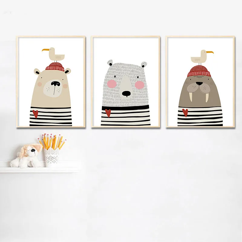 Nursery Canvas Poster Cartoon Animal Print Seal Bear Wall Art Painting Nordic Kids Decoration Picture Baby Bedroom Decor | Дом и сад