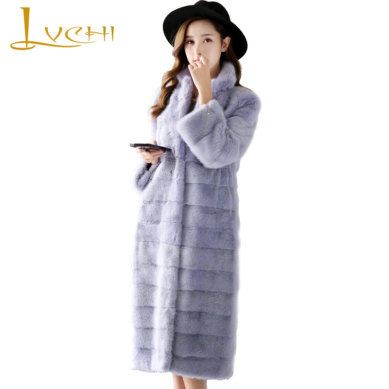 

LVCHI Winter 2019 Import Real Mink Fur Coats Women's Long Sleeve Coat Full Pelt Causal Mandarin Collar Causal Slim Mink Coats