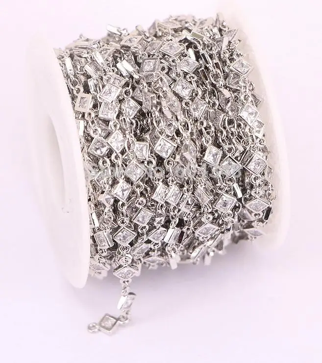 Silver color 1 метр, ZYZ177-9028, модный кубический циркон, граненые бусины в форме ромба, четки, цепочка, металлическая проволока, завернутые звенья, CZ цепи, фурнитура - Цвет: Silver color