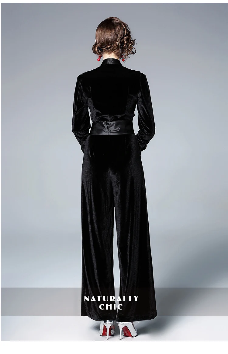 

Women's Romper Sexy Deep V Long Sleeve High Waist Bandage Velvet Jumpsuits 2019 Spring Runway Fashion Tide Wide Leg Overalls