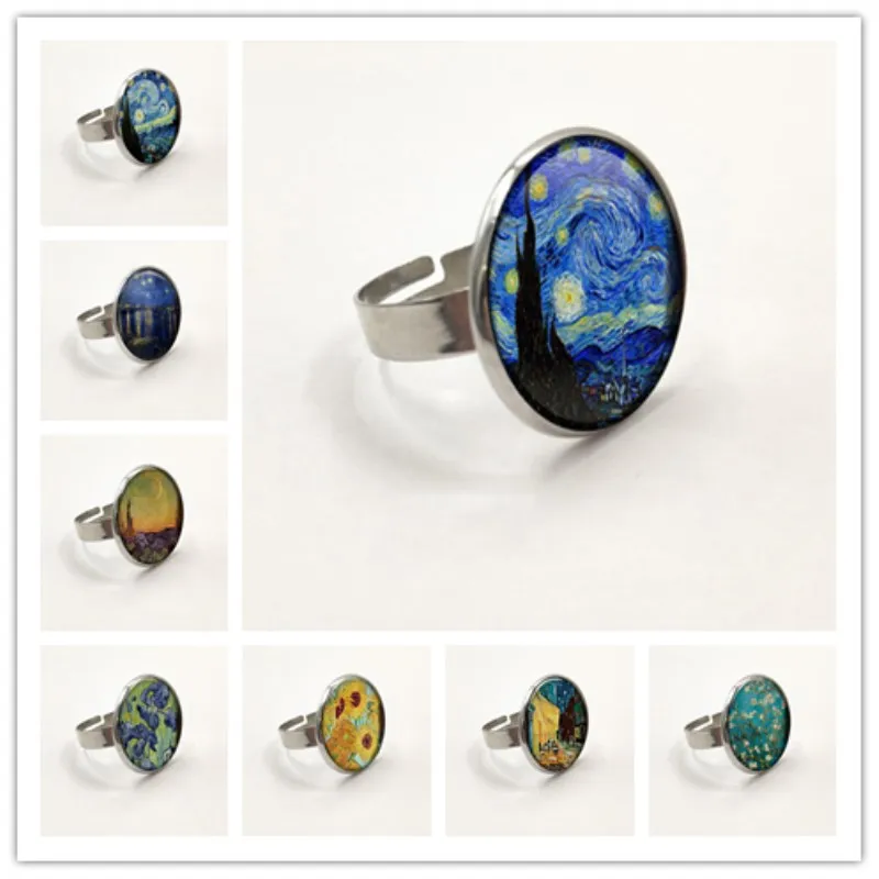 New Glass Dome Rings The Starry Night by Vincent Van Gogh 1889 Handmade Keepsake Ring Art Painting Adjustable | Украшения и
