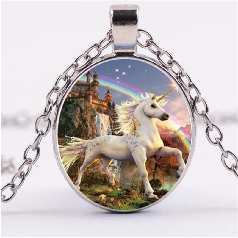 Новинка 2019 Круглое Стеклянное Ожерелье мультяшный единорог кулон подарок для