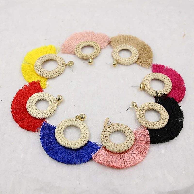 Женские плетеные серьги ручной работы из ротанга Винтажные веер с бахромой