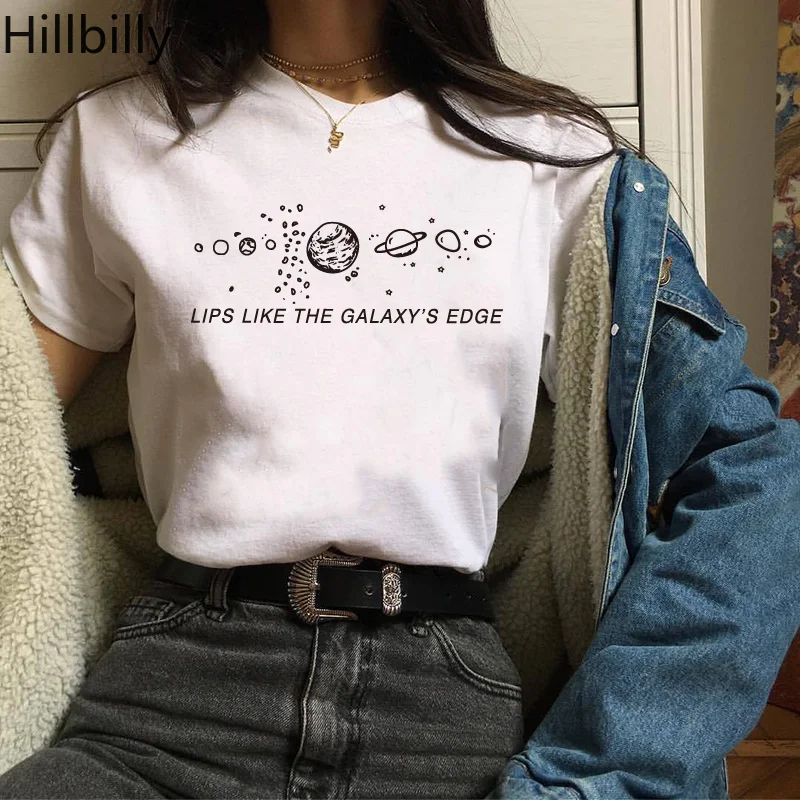 Hillbilly CMK121 Women Harajuku Lips Like The Galaxy's Edge T Shirt for Cotton Tshirts Tees Letters Casual T-shirt | Женская одежда