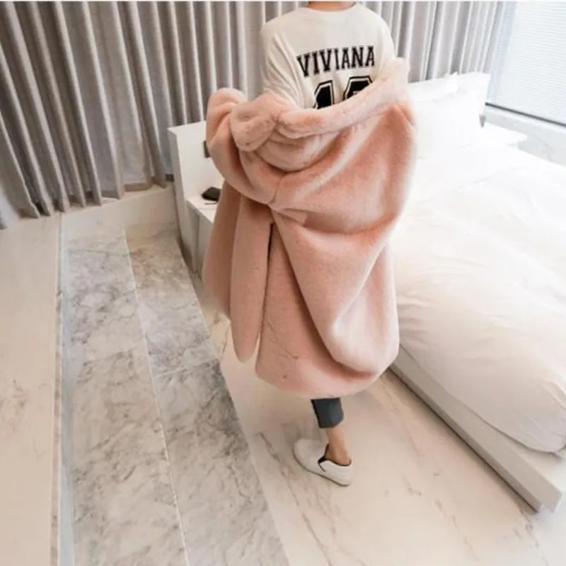 Пальто с искусственным кроличьим мехом 2019 зимняя длинная норка меховое пальто