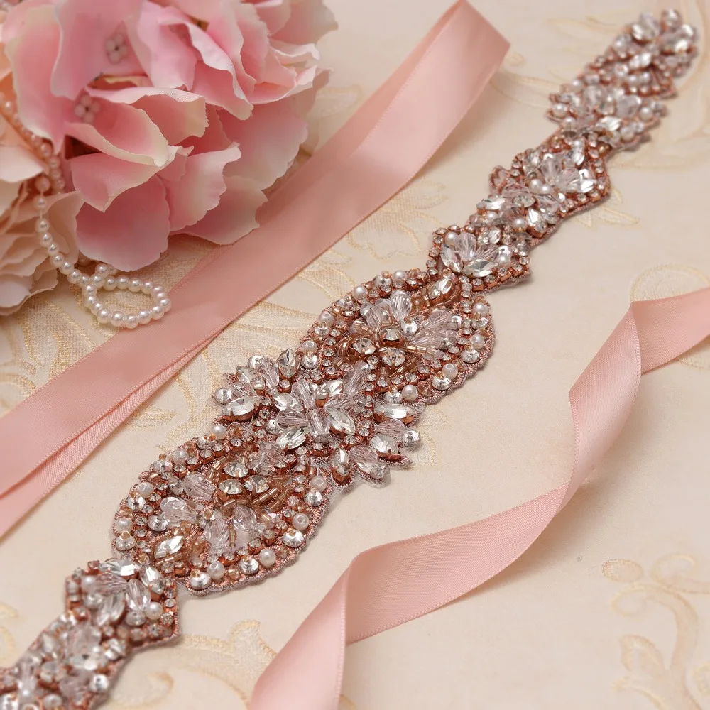 yanstar Hand Beaded Bridal Belt Rhinestones Flower Wedding Rose Gold Crystal Sash For Decoration XY864 | Свадьбы и торжества