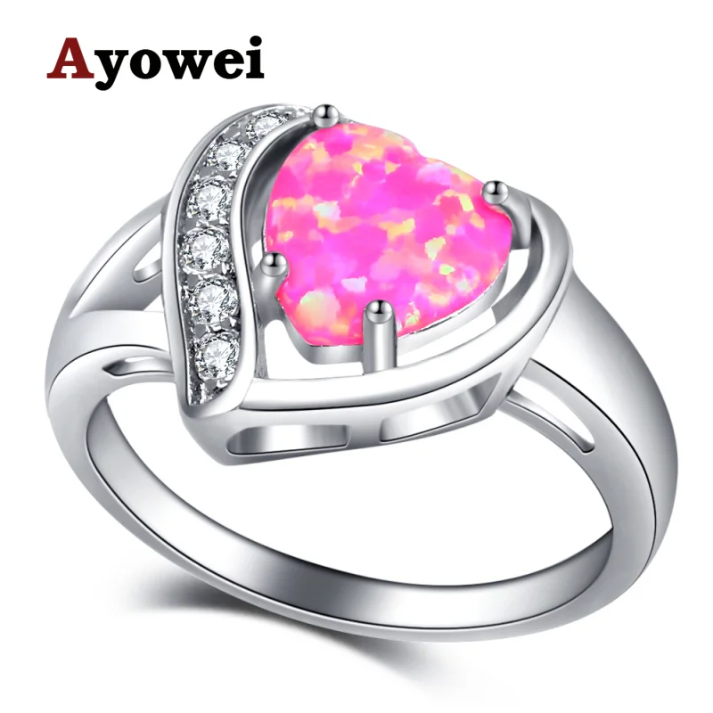 

Ayowei Fashion charm style heart desgin ring for lover pink opal white crystal Silver Stamped Rings USA size #6#7#8#9#10 OR913A