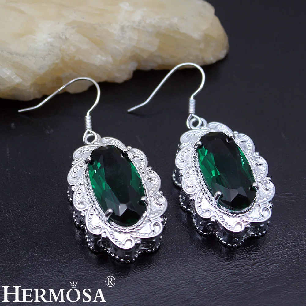 Женские серьги-подвески Hermosa зеленые овальные серьги серебряного цвета вечерние