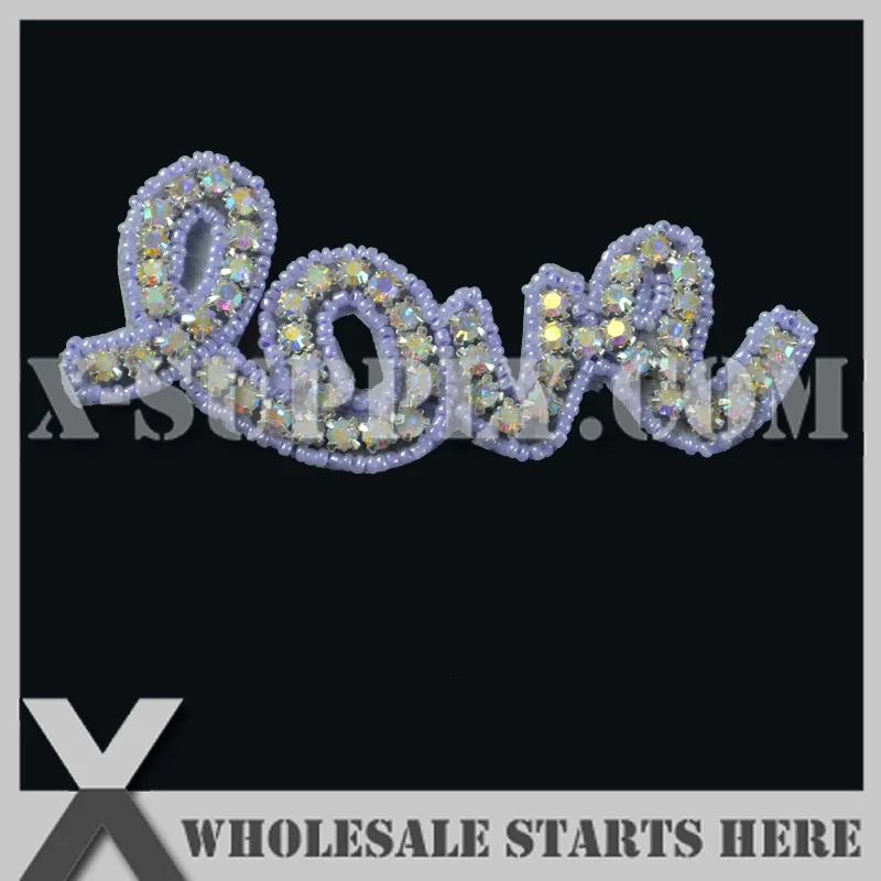 

(10cm Length) Wholesale Lavender LOVE Rhinestone Appliques for Wedding Dress,Headbands,Sash,Bridal Decoration