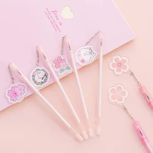 Гелевая ручка с подвеской в виде цветущей вишни, кошки, черные чернила, кавайная нейтральная ручка, милые ручки для школы, офиса, подарки для письма, корейские канцелярские принадлежности