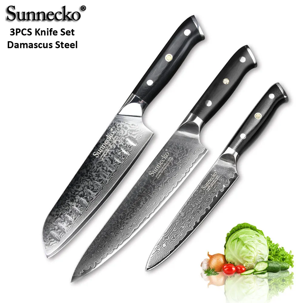 SUNNECKO 3 шт. слайсер для очистки овощей нож шеф-повара набор кухонных ножей японский Дамаск VG10 стали бритвы острые G10 Ручка режущие ножи