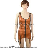 golden and black sexy latex top tank shirt rubber undershirts top singlet with garters backless front zipper yf 0034