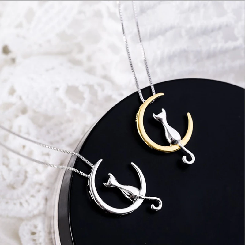 

YAOLOGE 925 Sterling Silver Cute Moon Cat Pendant Necklace Sweet Lady Exquisite Jewelry Everyday Necklace