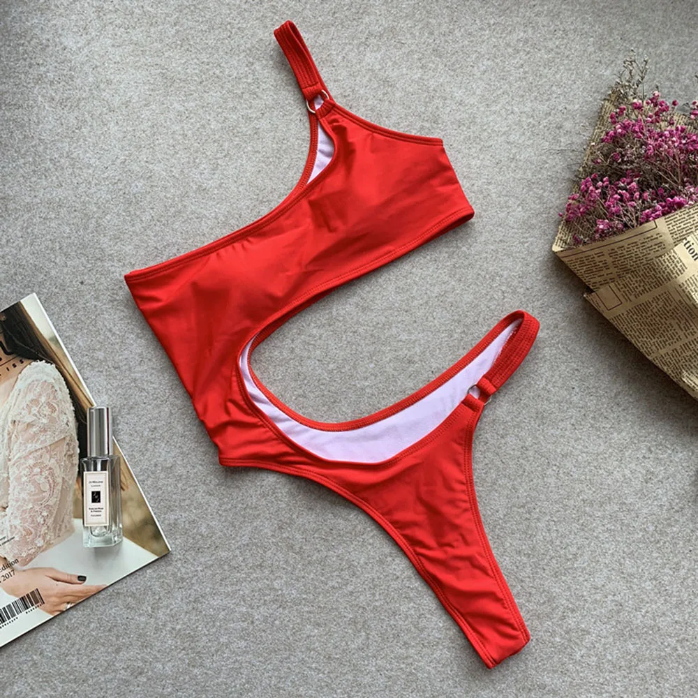 Женский купальник на одно плечо красный слитный с пуш ап монокини пляжная одежда