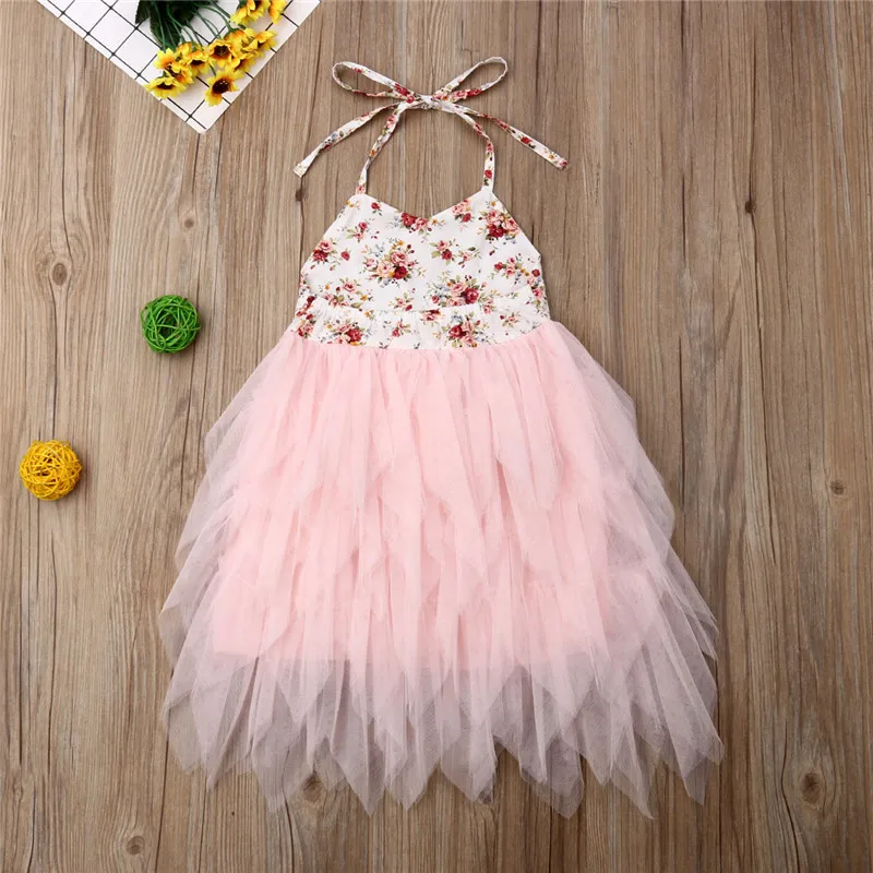 Kids Baby Girls Formal Princess Dress Halter Lace-up Flowers Mid-Calf Layered Dresses Ruffles Tulle Tutu Sundress 18M-6Y | Детская