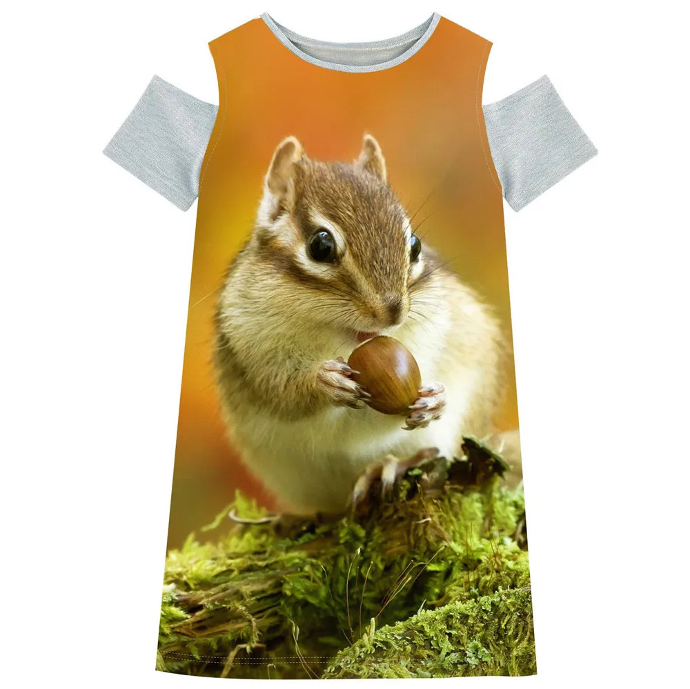 Baby Girls nice Kids Shoulder Off Dresses Summer Embroidery Princess Toddler Clothes squirrel printing Clothing 2-10y | Детская одежда