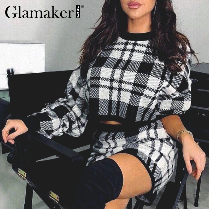 Glamaker, клетчатый вязаный костюм из двух частей, сексуальное осеннее платье, женское Элегантное зимнее платье-свитер, сексуальные женские модные вечерние короткие платья