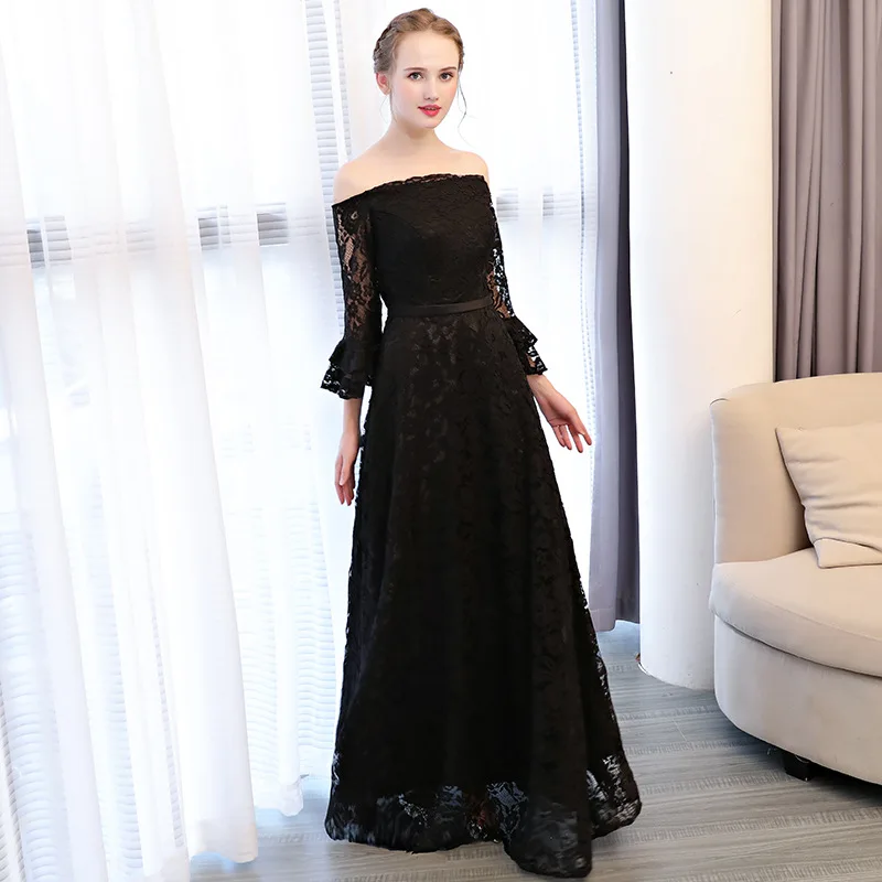 JaneVini Vintage Lace A Line Black Long Bridesmaid Dresses With Sleeve Boat Neck Backless Floor Length Women Wedding Party Dress | Свадьбы и