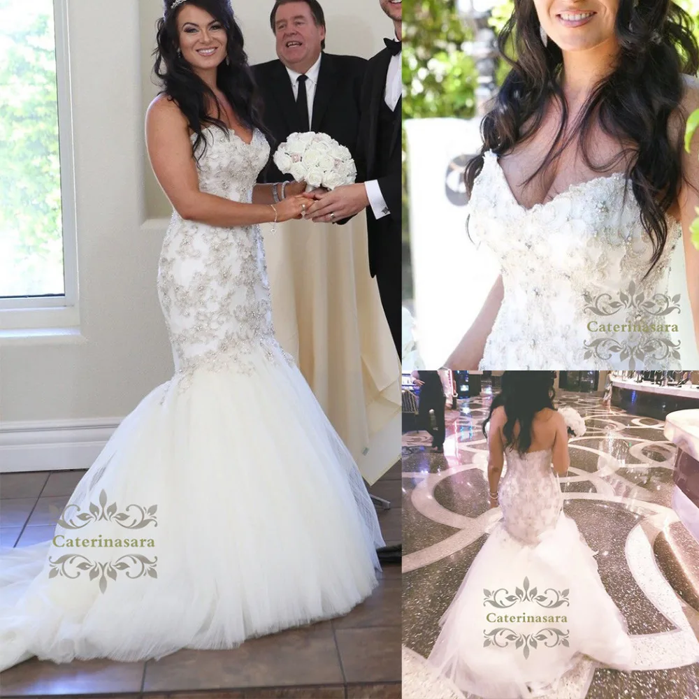 

Mermaid Sweetheart Wedding Dresses Lace Appliques Crystals Tulle Bride Gowns Trumpet Sweep Train Wedding Dress