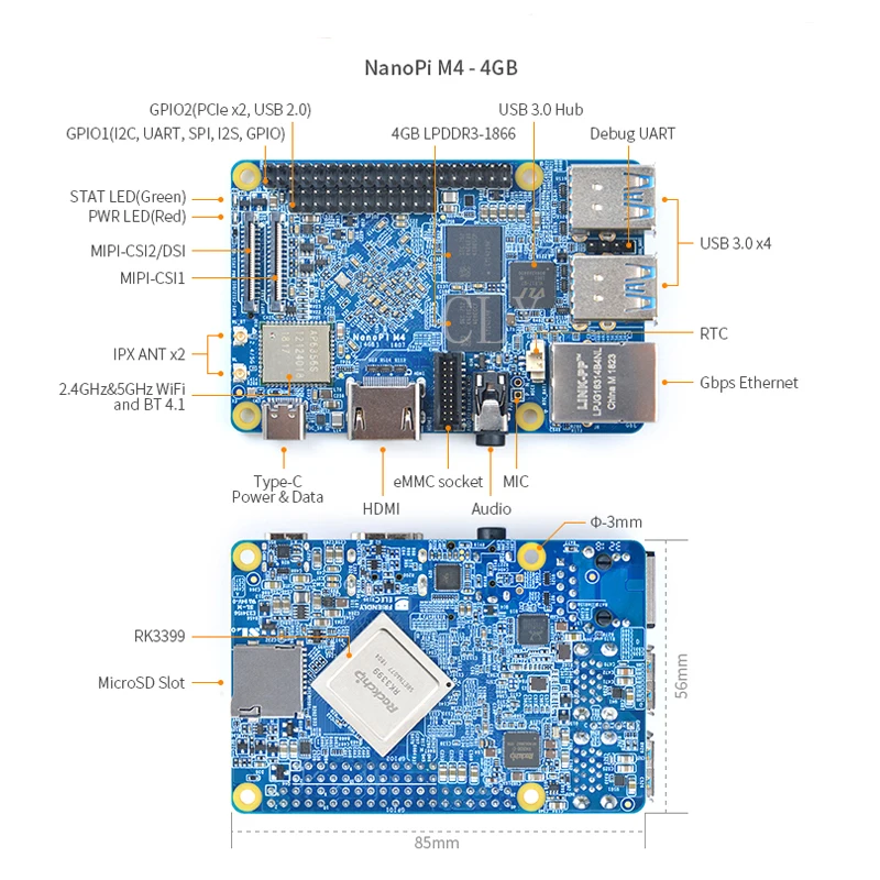NanoPi M4 2 ГБ/4 ГБ DDR3 Rockchip RK3399 SoC 2,4G и 5G двухдиапазонный WiFi+ Bluetooth 4,1 поддерживает Ubuntu Android