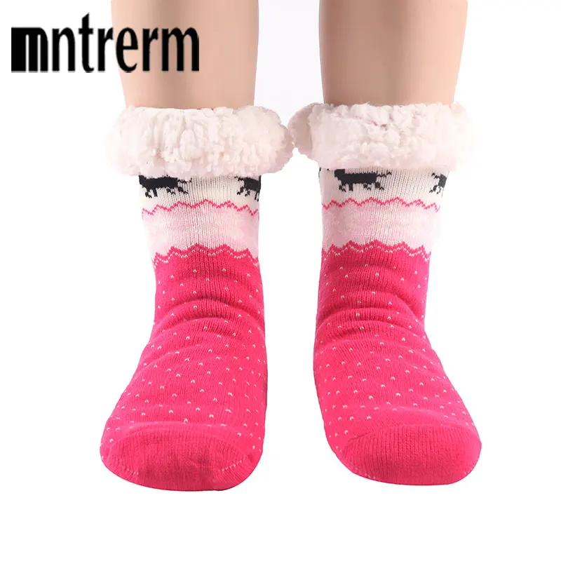 bit deer pink Mntrerm/высококачественные зимние рождественские носки-тапочки; утепленные женские нескользящие носки с рисунком оленя; подарок; вязаные шерстяные тапочки - Цвет: bit deer pink