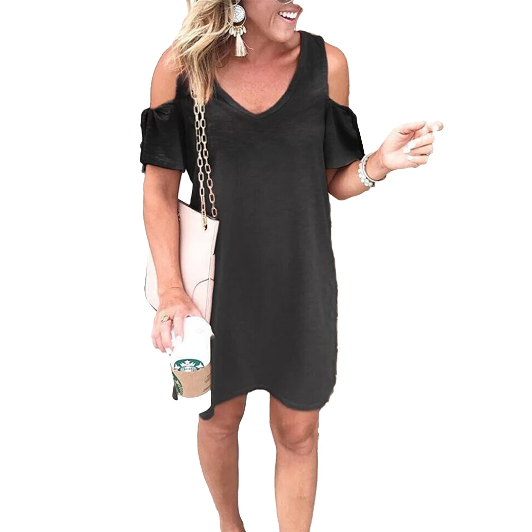 Women Casual V-Neck Hollow Out Sleeve Dress Fashion Solid Loose Dresses Ladies Summer Bow Off shoulder Plus Size Vestidos |