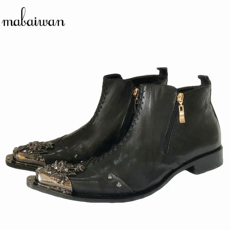 

Мужские кожаные ботильоны Mabaiwan, Черные ботильоны с металлическим носком и заклепками, военные ковбойские ботинки с высоким берцем, осень 2019