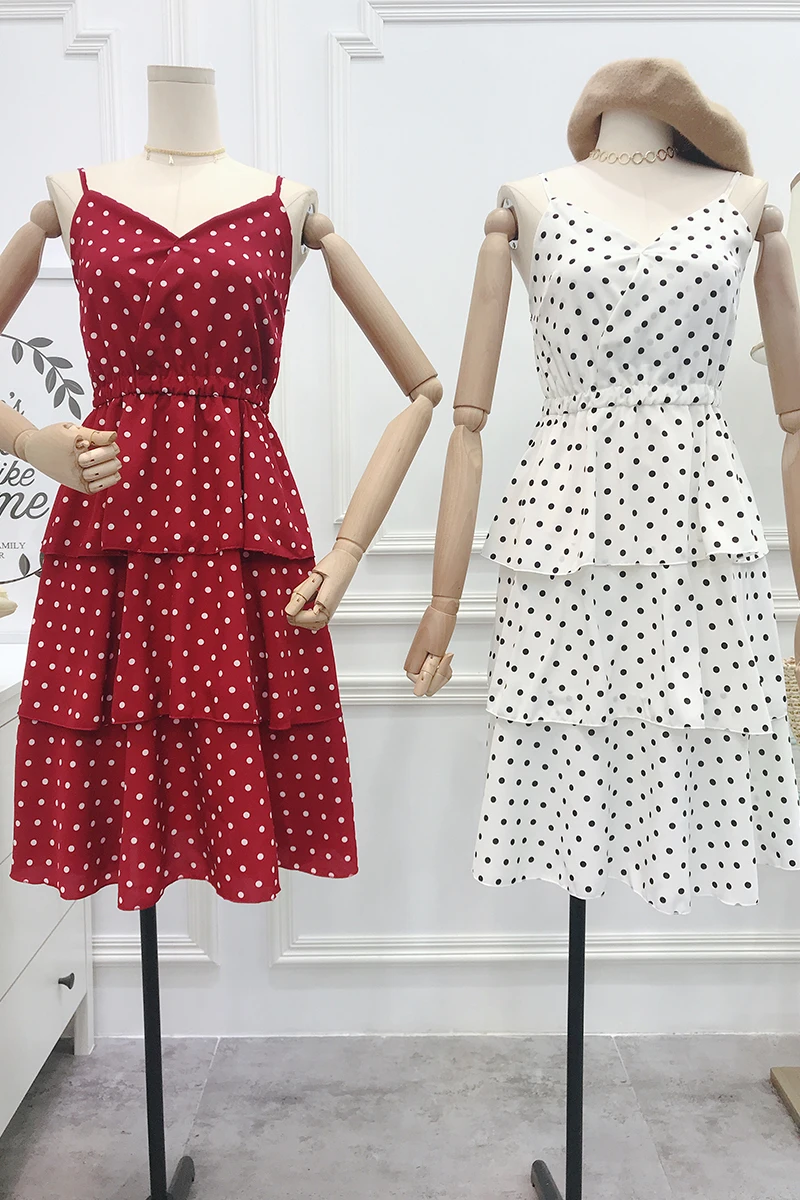 

Elegant women's 2020 summer new fashion women's wild wave point sling in the long ladies dress layer cake dress female spring