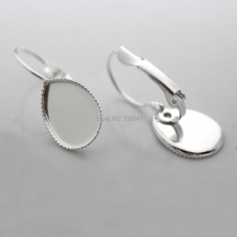 Пустая основа для сережек с зажимом-крючком Посеребренная КАПЛЕВИДНАЯ рамка