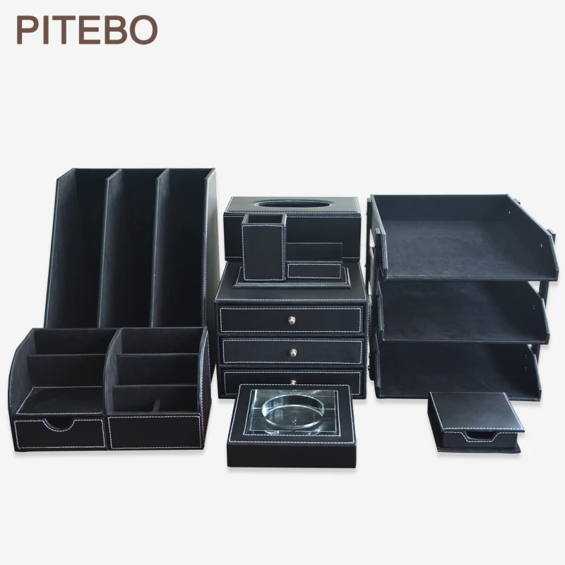 

PITEBO Black 8PCS/set wood leather office business desk file cabinet stand stationery organizer pen holder box file rack